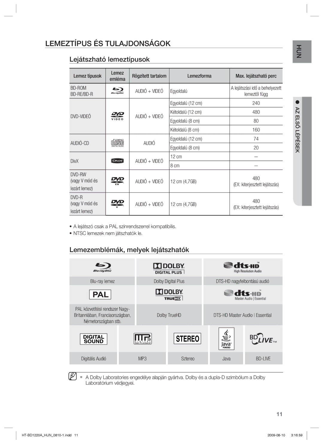 Samsung HT-BD1220R/XEE manual Lemeztípus ÉS Tulajdonságok, Lejátszható lemeztípusok, Lemezemblémák, melyek lejátszhatók 