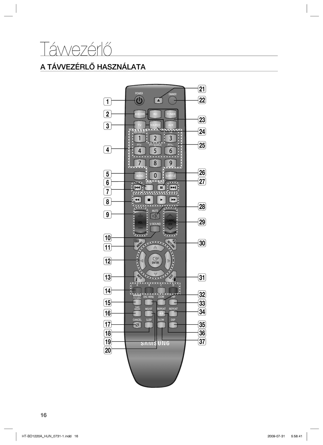 Samsung HT-BD1220R/XET, HT-BD1220R/EDC, HT-BD1220R/XEE manual Távvezérlő Használata 