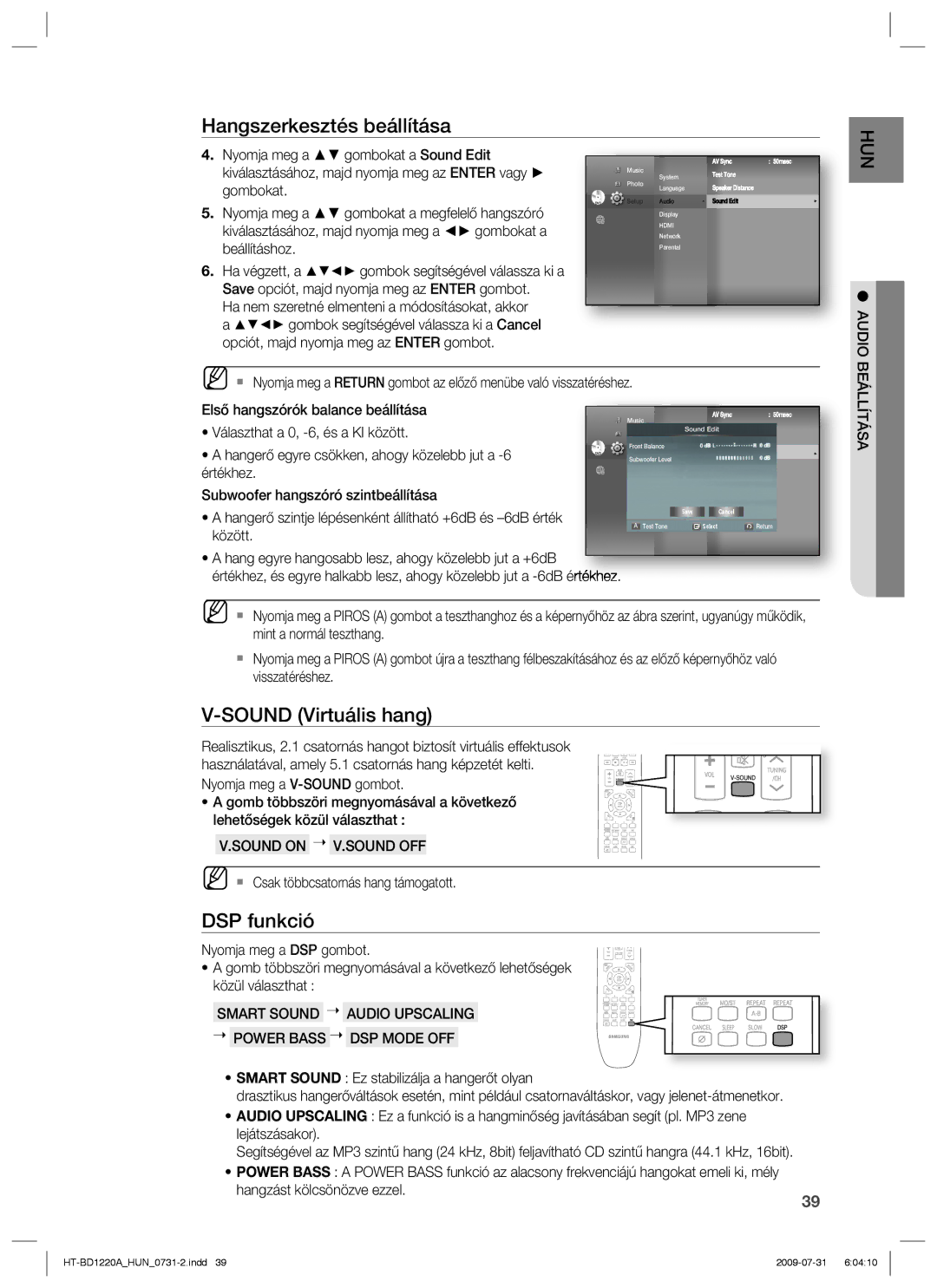 Samsung HT-BD1220R/EDC, HT-BD1220R/XET, HT-BD1220R/XEE manual Sound Virtuális hang, DSP funkció, Sound on V.SOUND OFF 