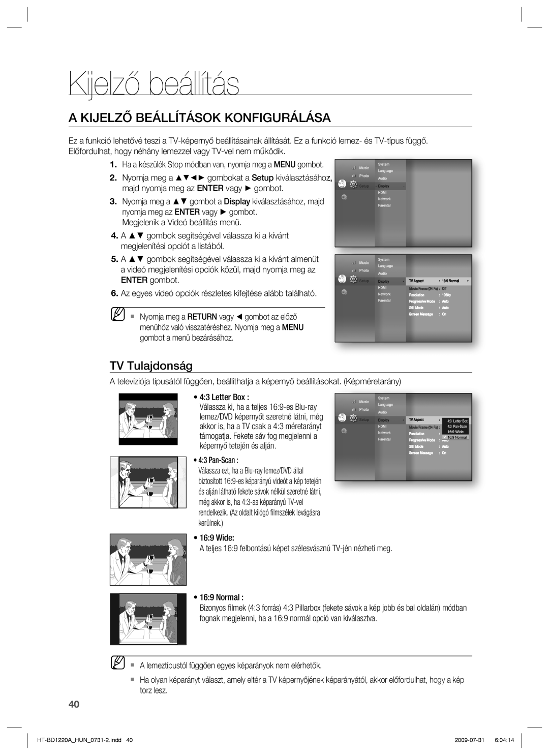 Samsung HT-BD1220R/XET, HT-BD1220R/EDC, HT-BD1220R/XEE Kijelző beállítás, Kijelző Beállítások Konfigurálása, TV Tulajdonság 