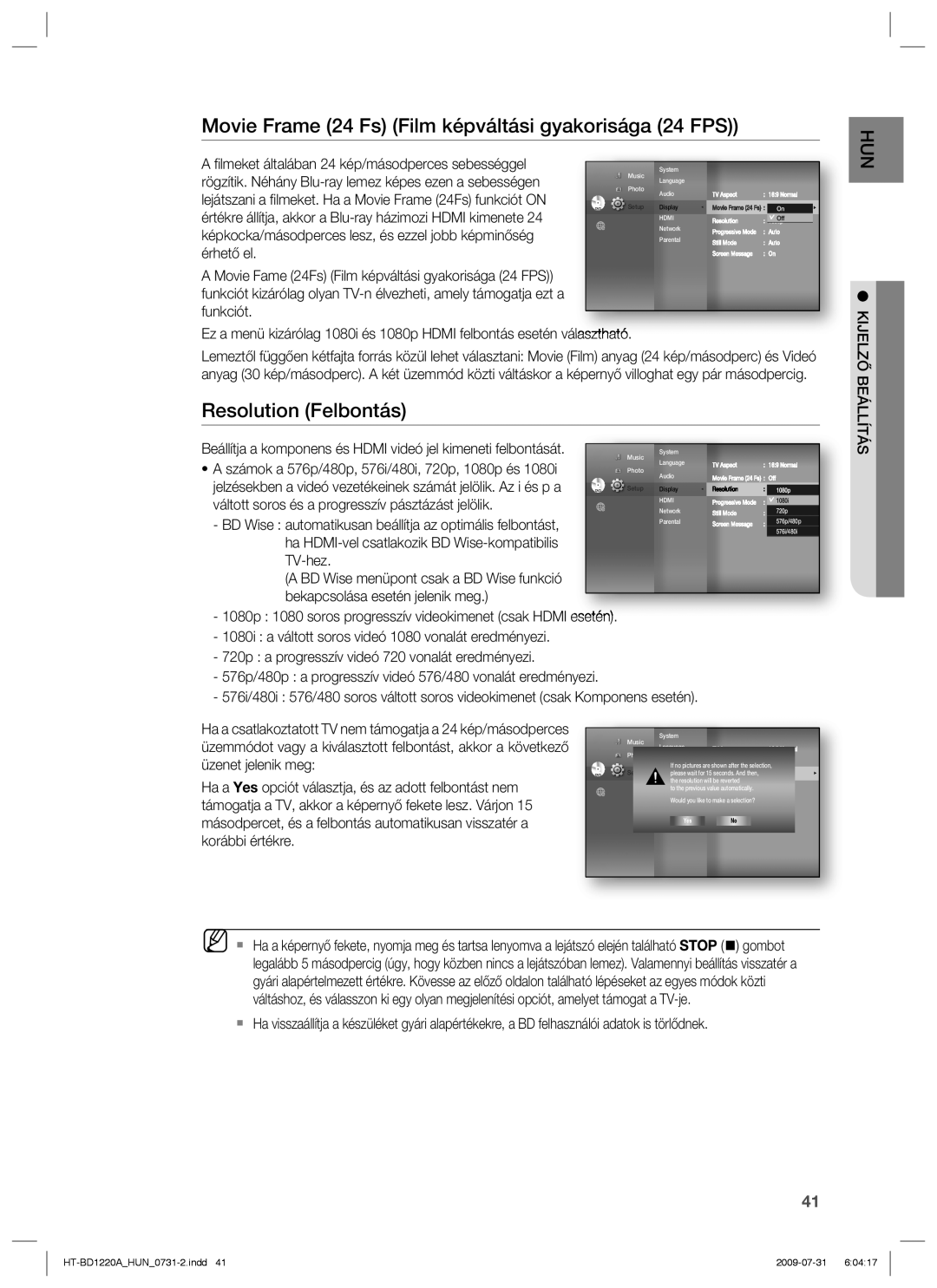 Samsung HT-BD1220R/XEE manual Movie Frame 24 Fs Film képváltási gyakorisága 24 FPS, Resolution Felbontás, Kijelző Beállítás 