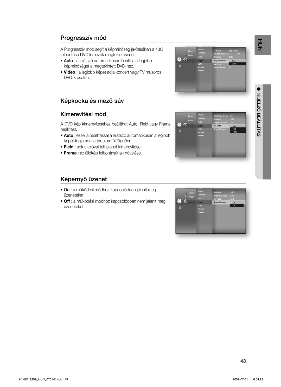 Samsung HT-BD1220R/XET, HT-BD1220R/EDC, HT-BD1220R/XEE manual Progresszív mód, Képkocka és mező sáv, Képernyő üzenet 