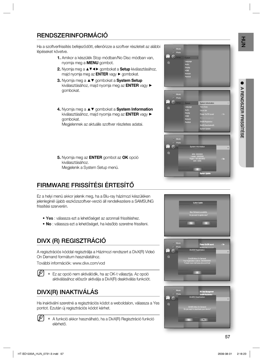 Samsung HT-BD1220R/EDC manual Rendszerinformáció, Firmware Frissítési Értesítő, Divx R Regisztráció, Divxr Inaktiválás 