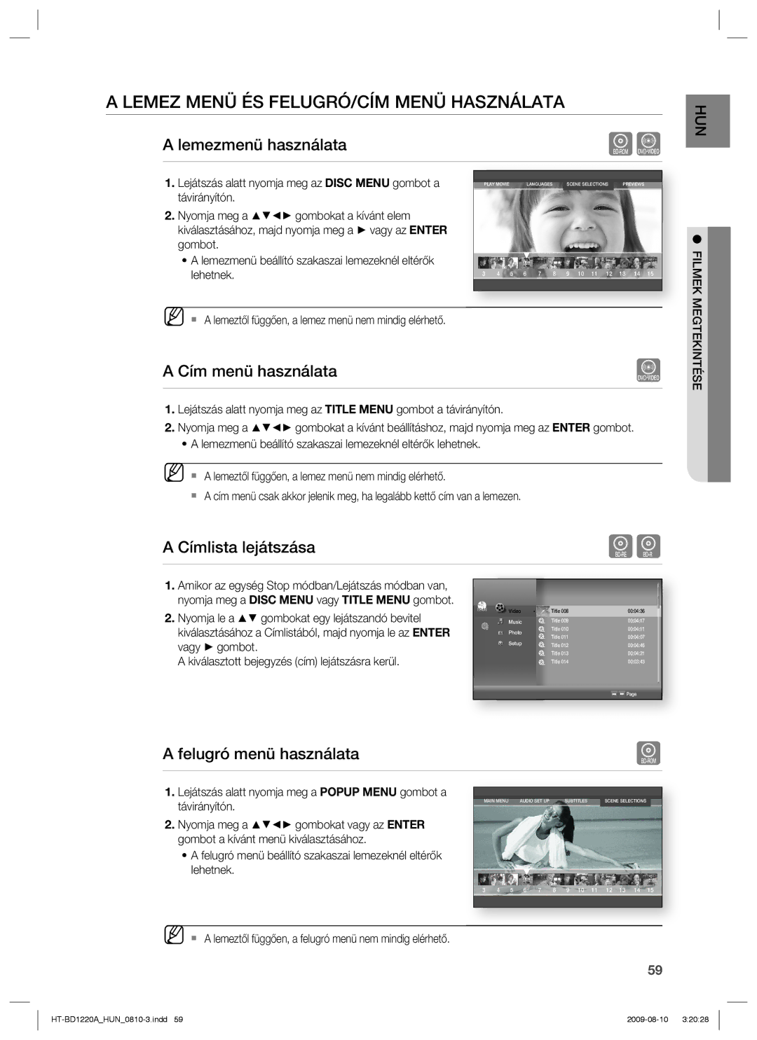 Samsung HT-BD1220R/XEE manual Lemez Menü ÉS FELUGRÓ/CÍM Menü Használata, Lemezmenü használata, Cím menü használata 