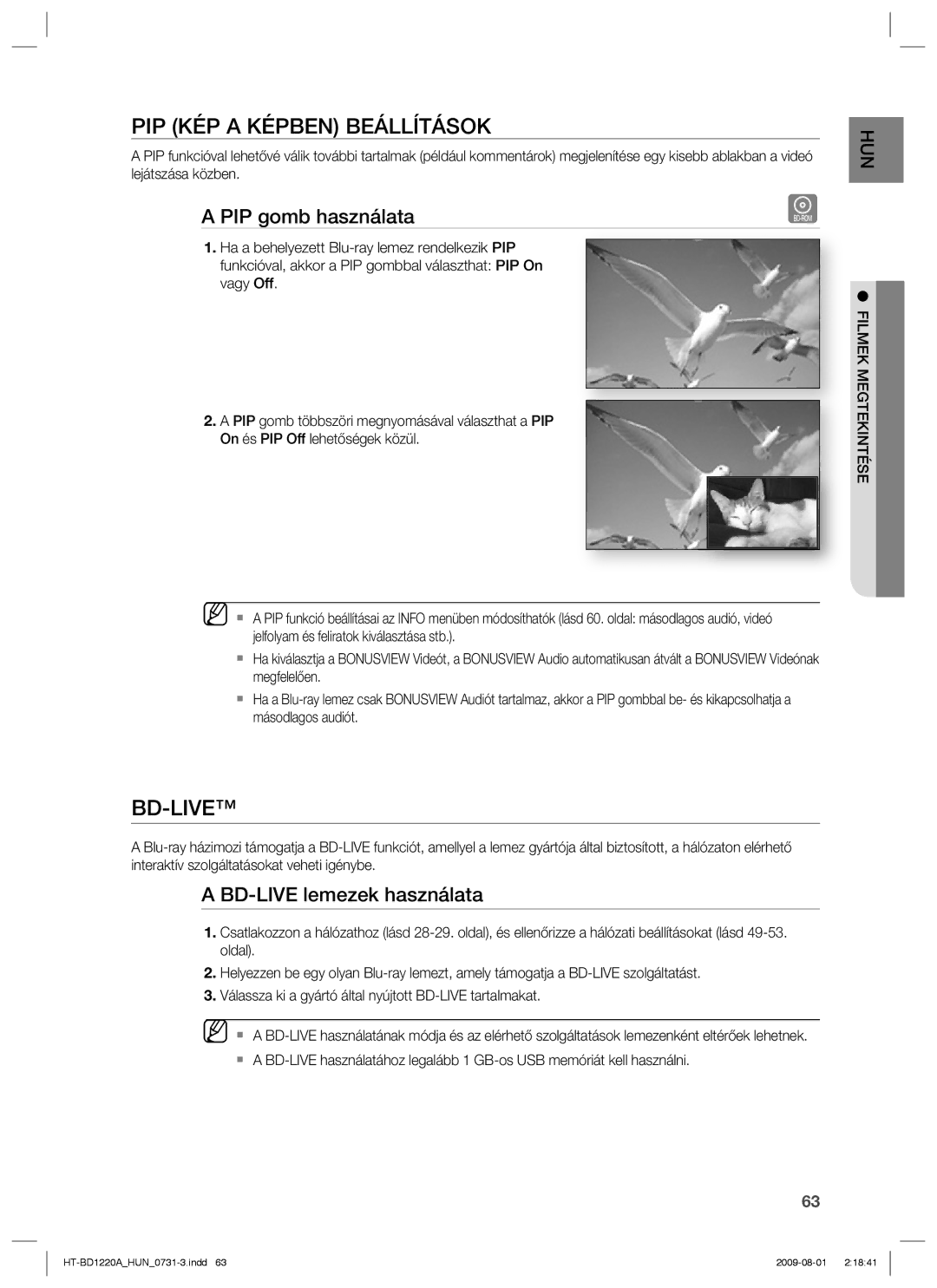 Samsung HT-BD1220R/EDC manual PIP KÉP a Képben Beállítások, Bd-Live, PIP gomb használata, BD-LIVE lemezek használata 