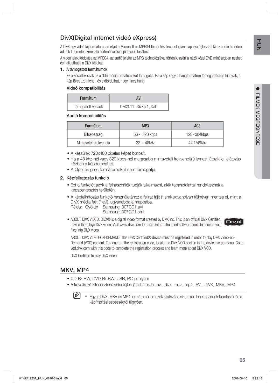 Samsung HT-BD1220R/XEE, HT-BD1220R/EDC, HT-BD1220R/XET manual DivXDigital internet videó eXpress, Avi 