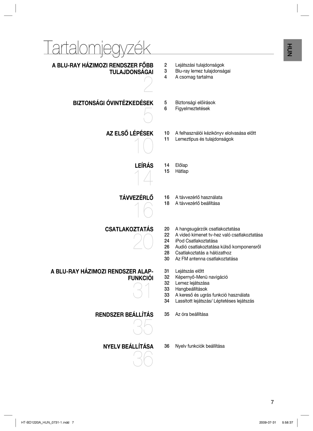 Samsung HT-BD1220R/XET, HT-BD1220R/EDC, HT-BD1220R/XEE manual Tartalomjegyzék 