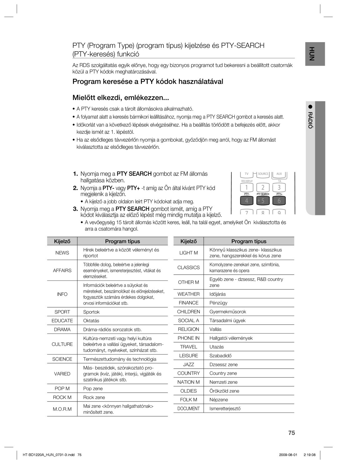 Samsung HT-BD1220R/EDC, HT-BD1220R/XET manual PTY keresés csak a tárolt állomásokra alkalmazható, Kijelző Program típus 