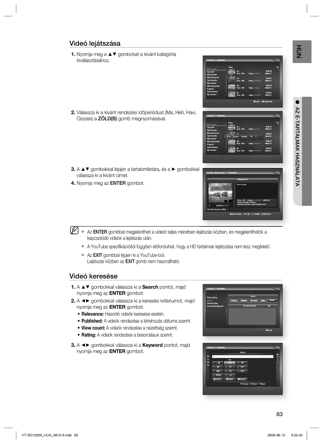 Samsung HT-BD1220R/XEE, HT-BD1220R/EDC, HT-BD1220R/XET manual Videó lejátszása, Videó keresése, Az E-Tartalmak, Használata 