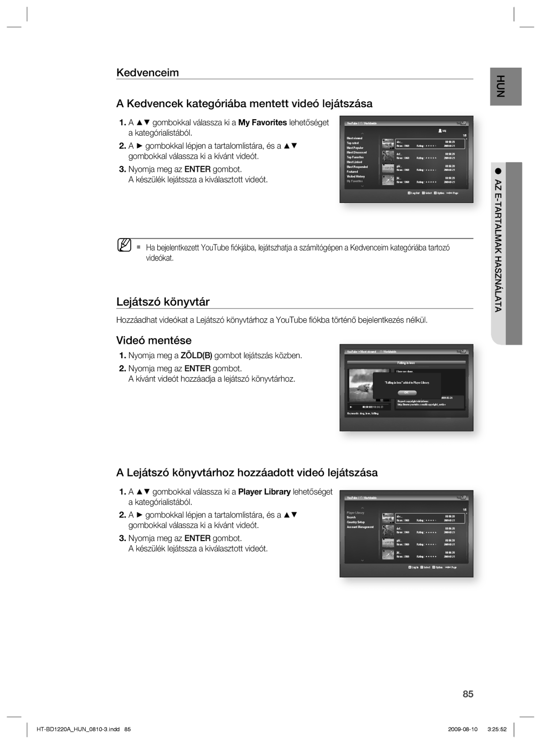 Samsung HT-BD1220R/XET, HT-BD1220R/EDC, HT-BD1220R/XEE manual Lejátszó könyvtár, AZ E-TARTALMAK Használata 