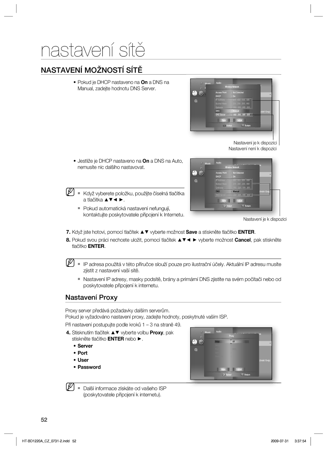 Samsung HT-BD1220R/EDC manual Nastavení Proxy, Server Port User Password 