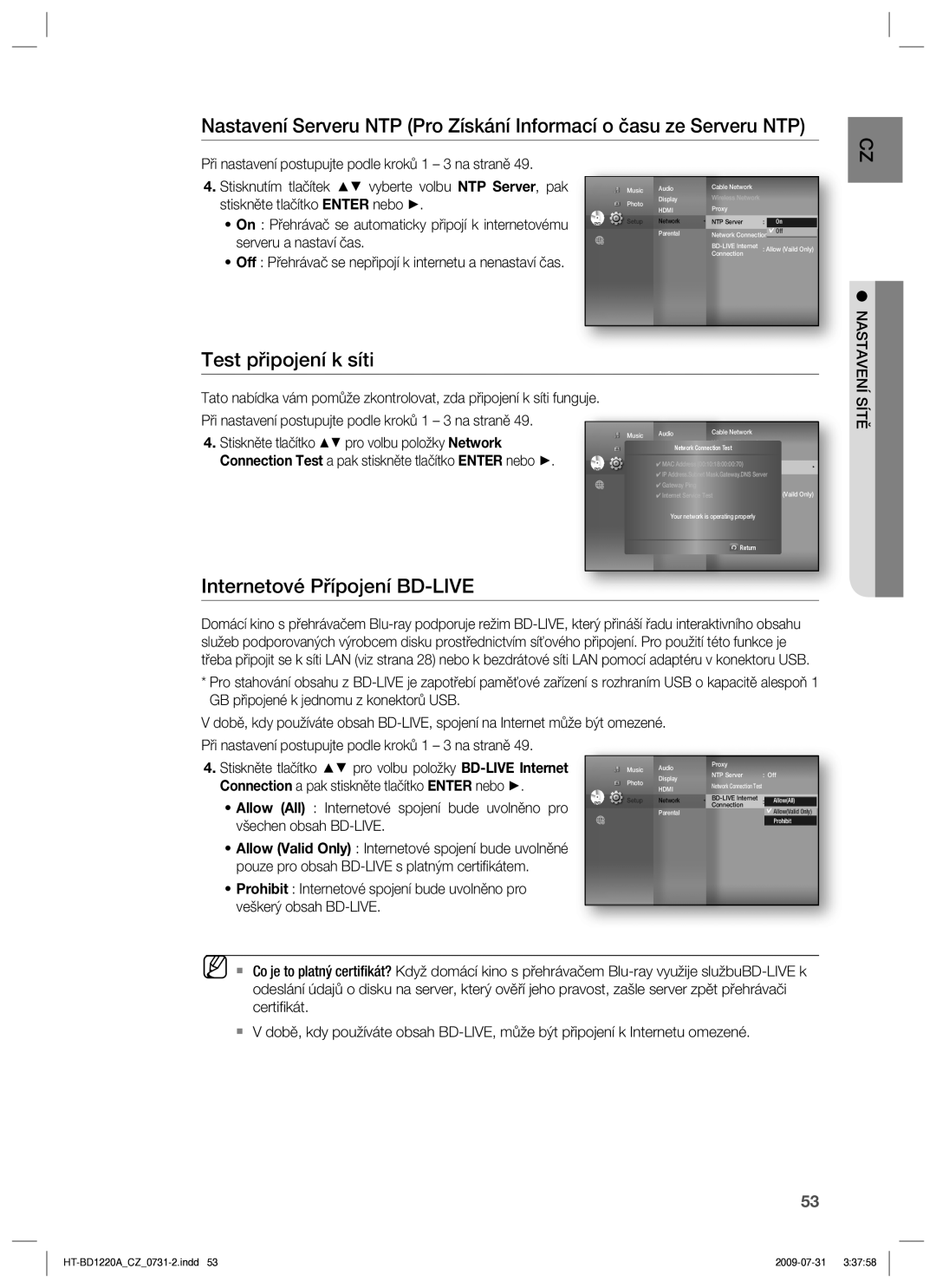 Samsung HT-BD1220R/EDC manual Internetové Přípojení BD-LIVE 