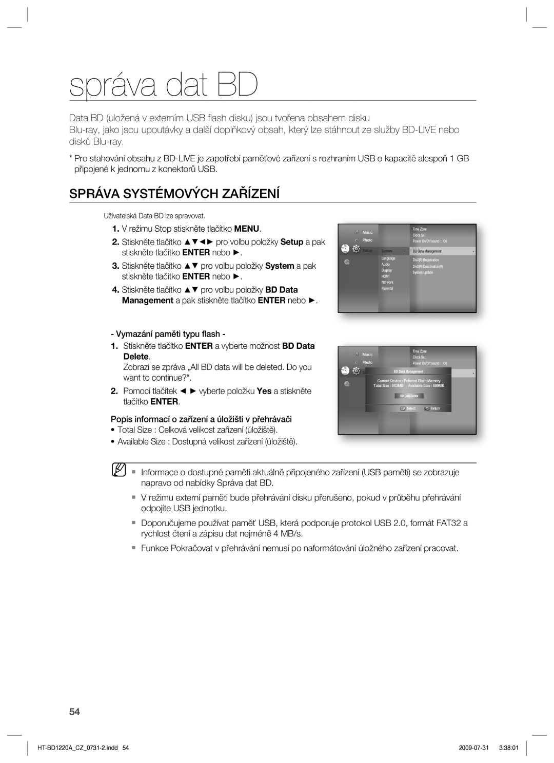 Samsung HT-BD1220R/EDC manual Správa dat BD, Správa Systémových Zařízení 