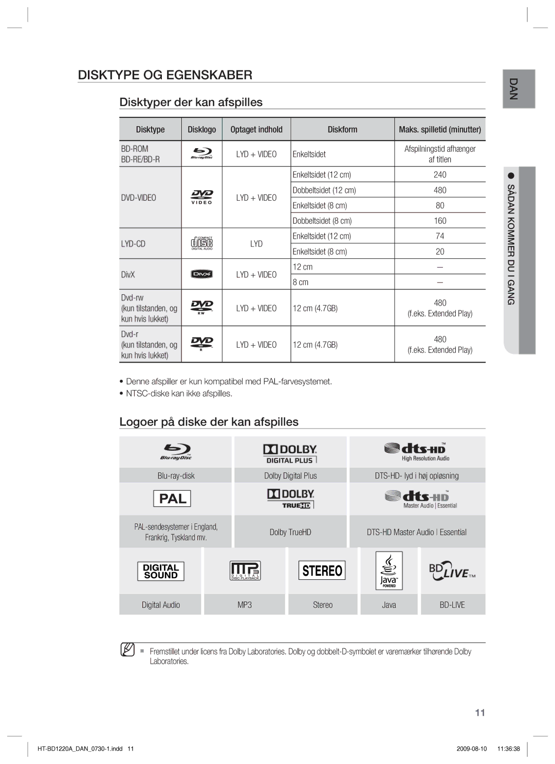 Samsung HT-BD1220R/XEE manual Disktype OG Egenskaber, Disktyper der kan afspilles, Logoer på diske der kan afspilles 