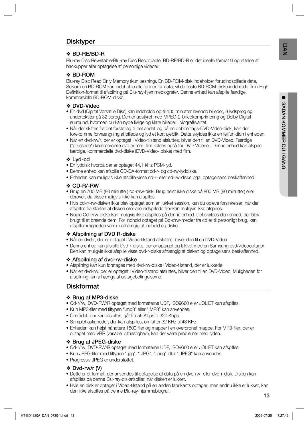 Samsung HT-BD1220R/XEE manual Disktyper, Diskformat 