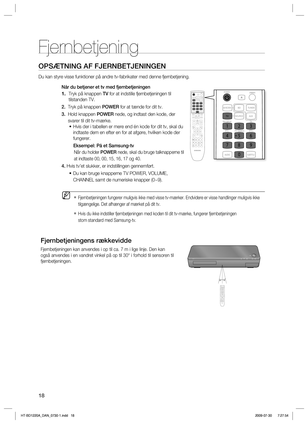 Samsung HT-BD1220R/XEE manual Opsætning AF Fjernbetjeningen, Fjernbetjeningens rækkevidde 