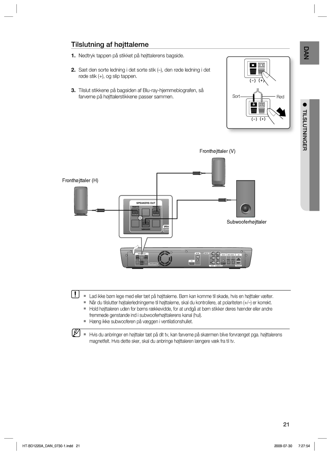 Samsung HT-BD1220R/XEE manual Tilslutning af højttalerne, Fronthøjttaler Fronthøjttaler H 