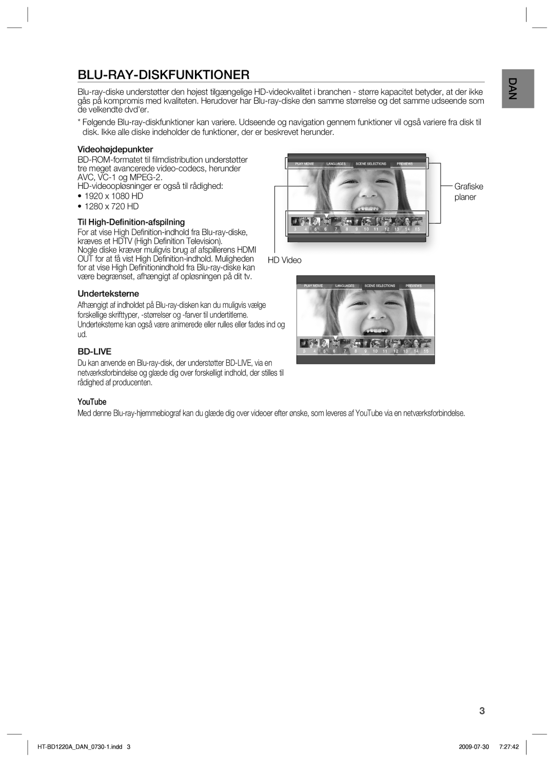 Samsung HT-BD1220R/XEE manual Blu-Ray-Diskfunktioner, Videohøjdepunkter, HD Video, Bd-Live, YouTube 