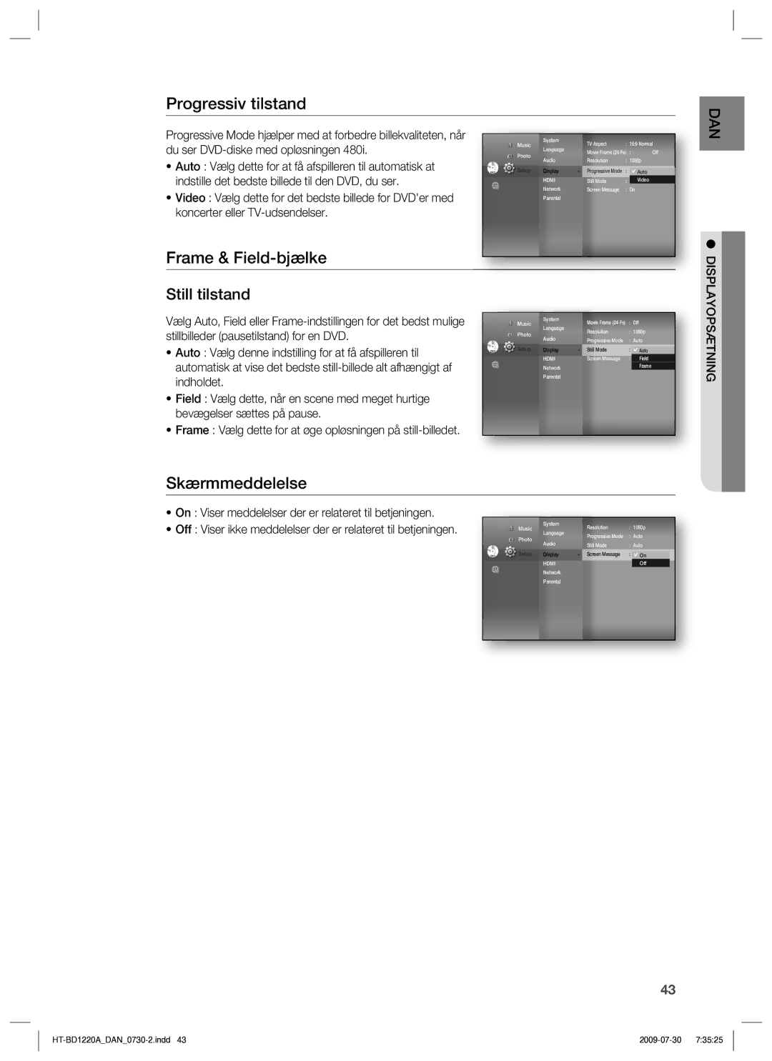 Samsung HT-BD1220R/XEE manual Progressiv tilstand, Frame & Field-bjælke, Skærmmeddelelse, Displayopsætning 