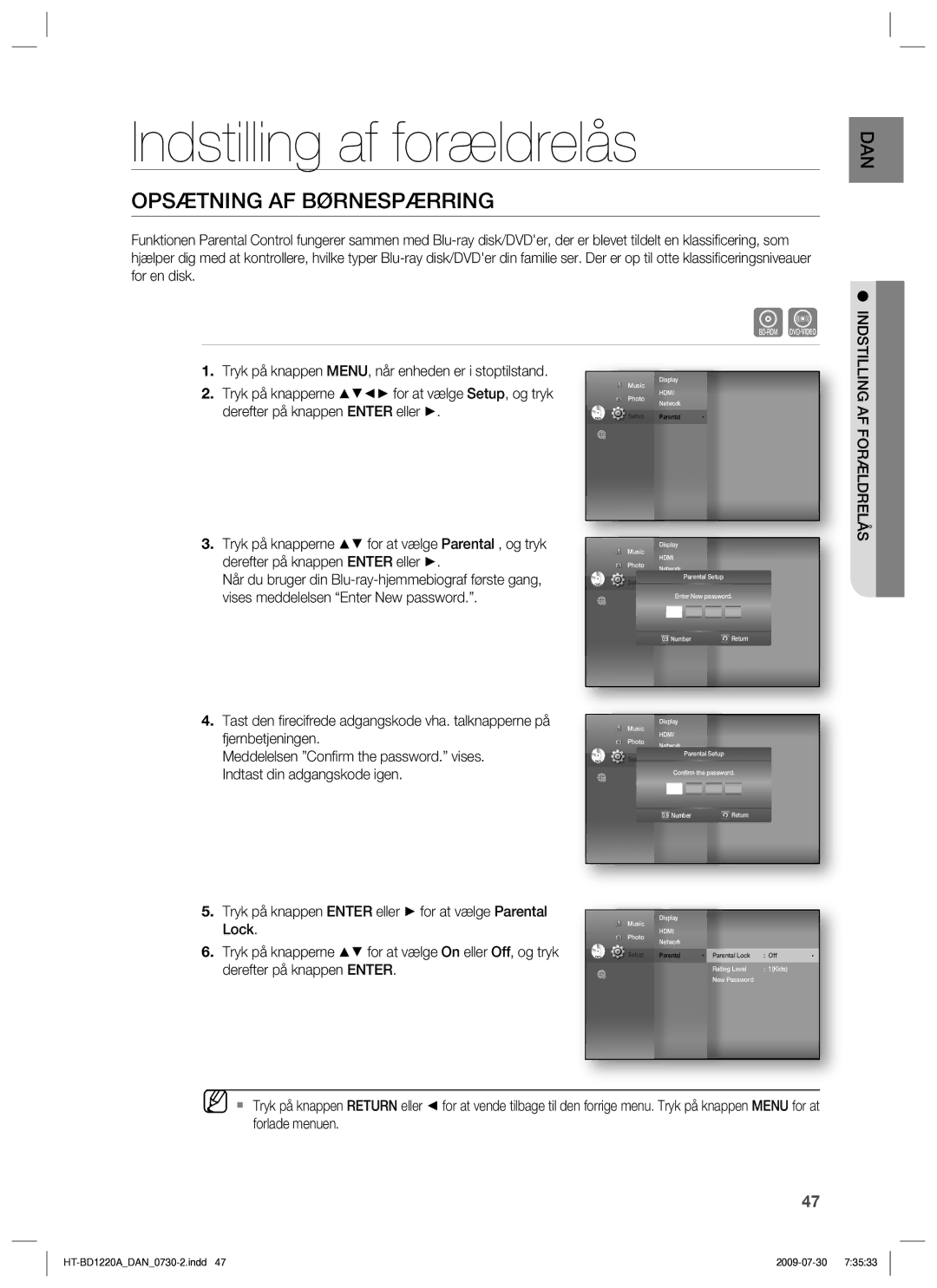 Samsung HT-BD1220R/XEE manual Indstilling af forældrelås, Opsætning AF Børnespærring, Indstilling AF Forældrelås 