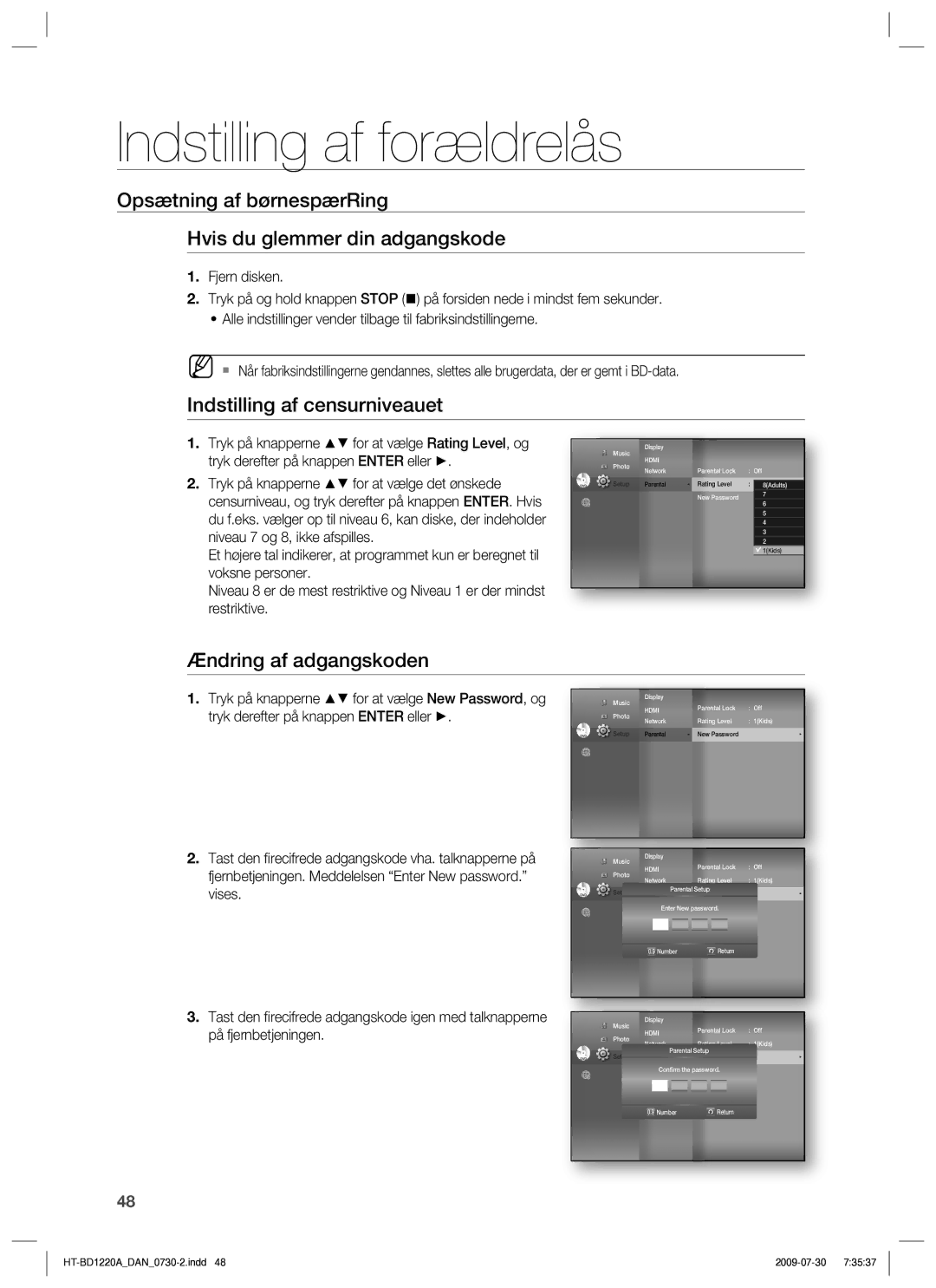 Samsung HT-BD1220R/XEE manual Opsætning af børnespærRing Hvis du glemmer din adgangskode, Indstilling af censurniveauet 