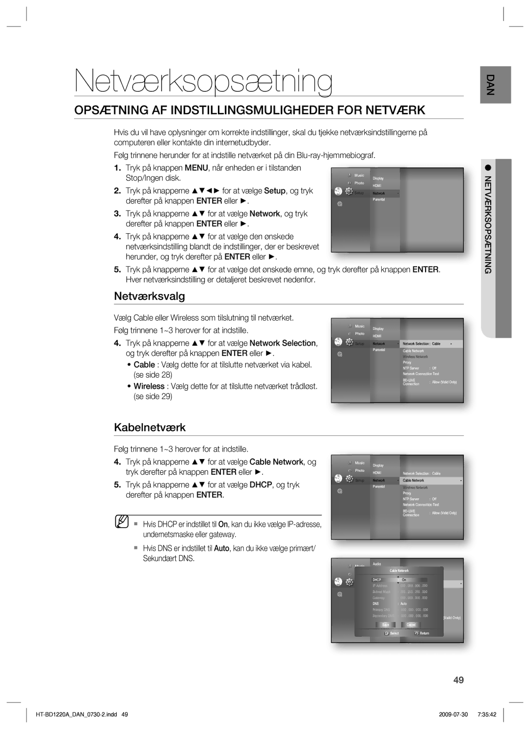 Samsung HT-BD1220R/XEE Netværksopsætning, Opsætning AF Indstillingsmuligheder for Netværk, Netværksvalg, Kabelnetværk 