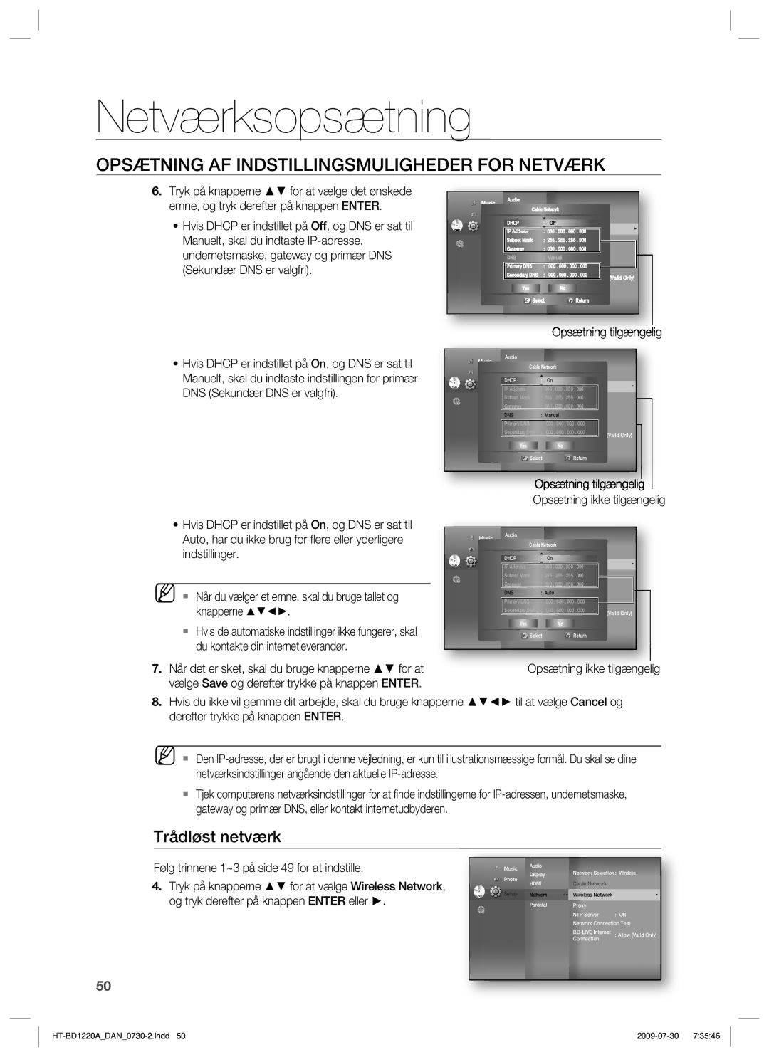 Samsung HT-BD1220R/XEE manual Trådløst netværk, Opsætning tilgængelig, Følg trinnene 1~3 på side 49 for at indstille 