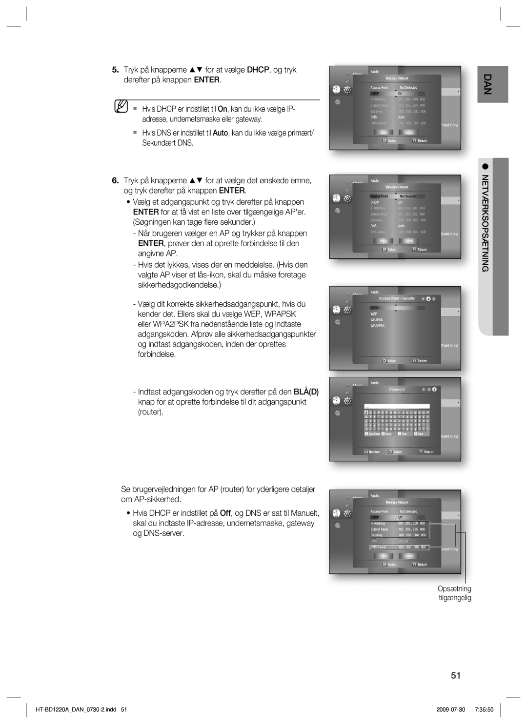 Samsung HT-BD1220R/XEE Display Wireless Network, Save Cancel Select Return Music Audio, Photo, Network Selection Cable 