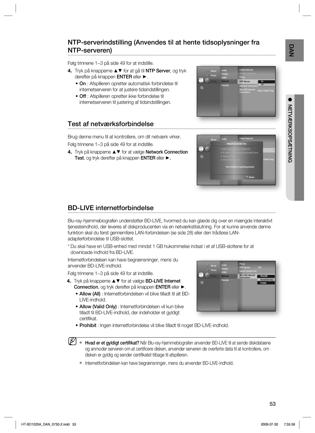 Samsung HT-BD1220R/XEE manual Test af netværksforbindelse, BD-LIVE internetforbindelse 