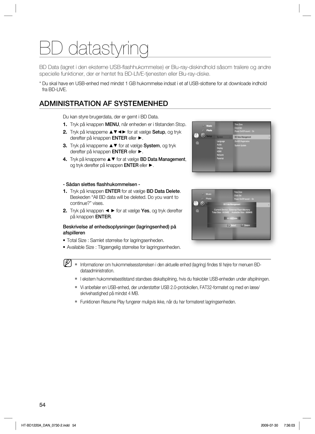 Samsung HT-BD1220R/XEE manual BD datastyring, Administration AF Systemenhed 