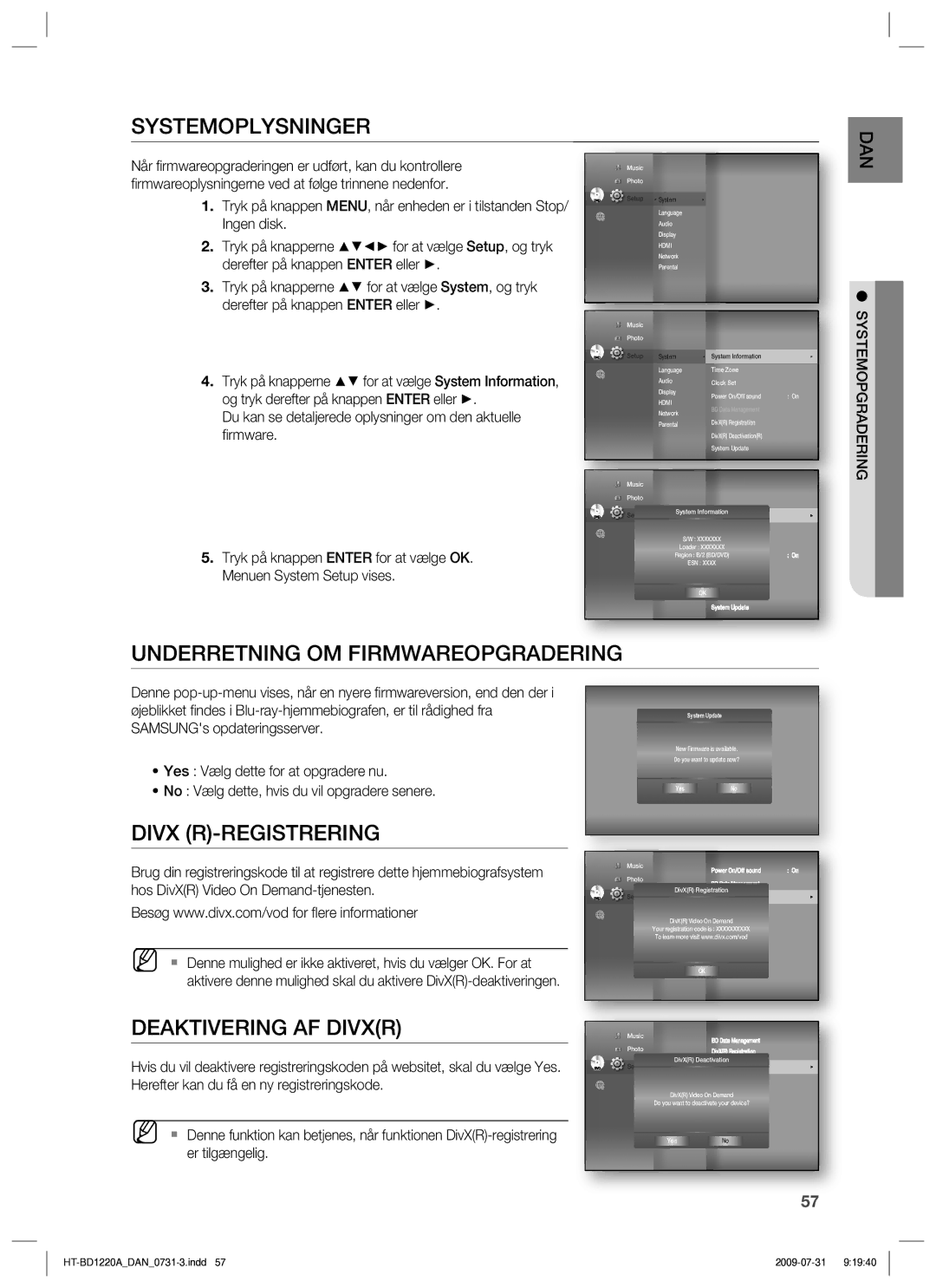 Samsung HT-BD1220R/XEE Systemoplysninger, Underretning OM Firmwareopgradering, Divx R-REGISTRERING, Deaktivering AF Divxr 