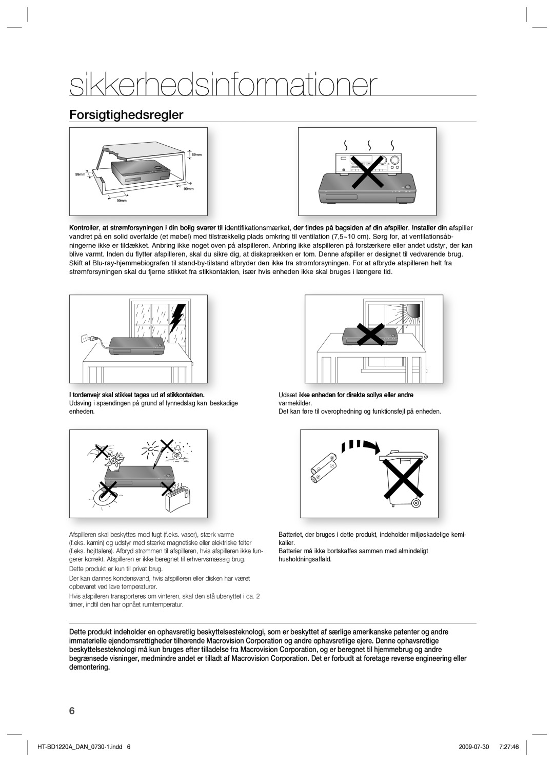 Samsung HT-BD1220R/XEE manual Forsigtighedsregler 