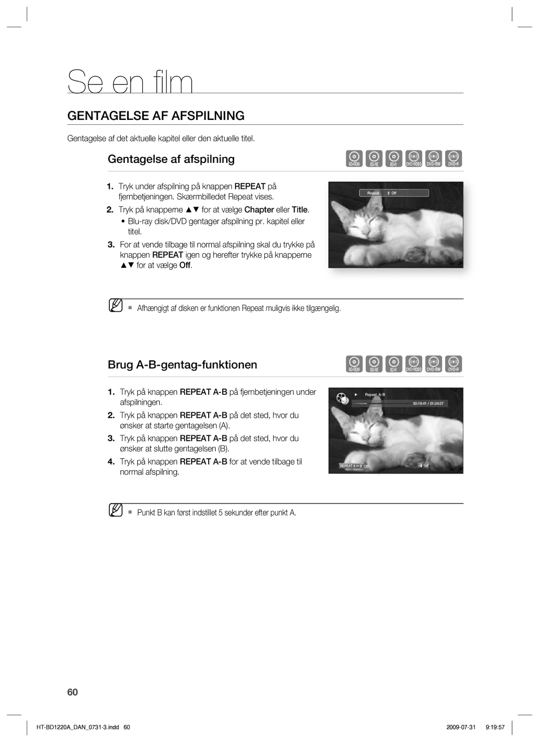 Samsung HT-BD1220R/XEE manual Gentagelse AF Afspilning, Gentagelse af afspilning, Brug A-B-gentag-funktionen 