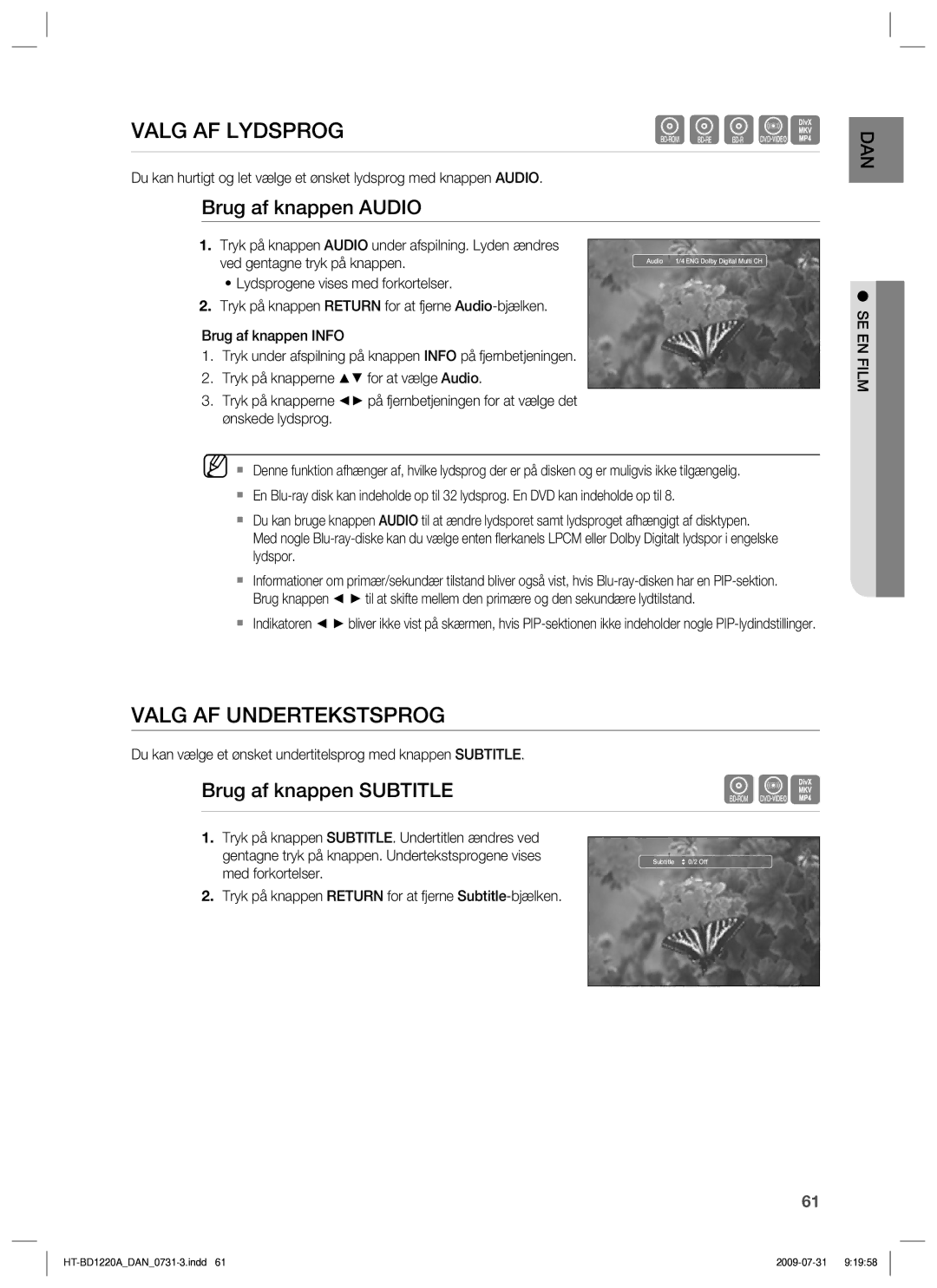 Samsung HT-BD1220R/XEE manual Valg AF Lydsprog, Valg AF Undertekstsprog, Brug af knappen Audio, Brug af knappen Subtitle 