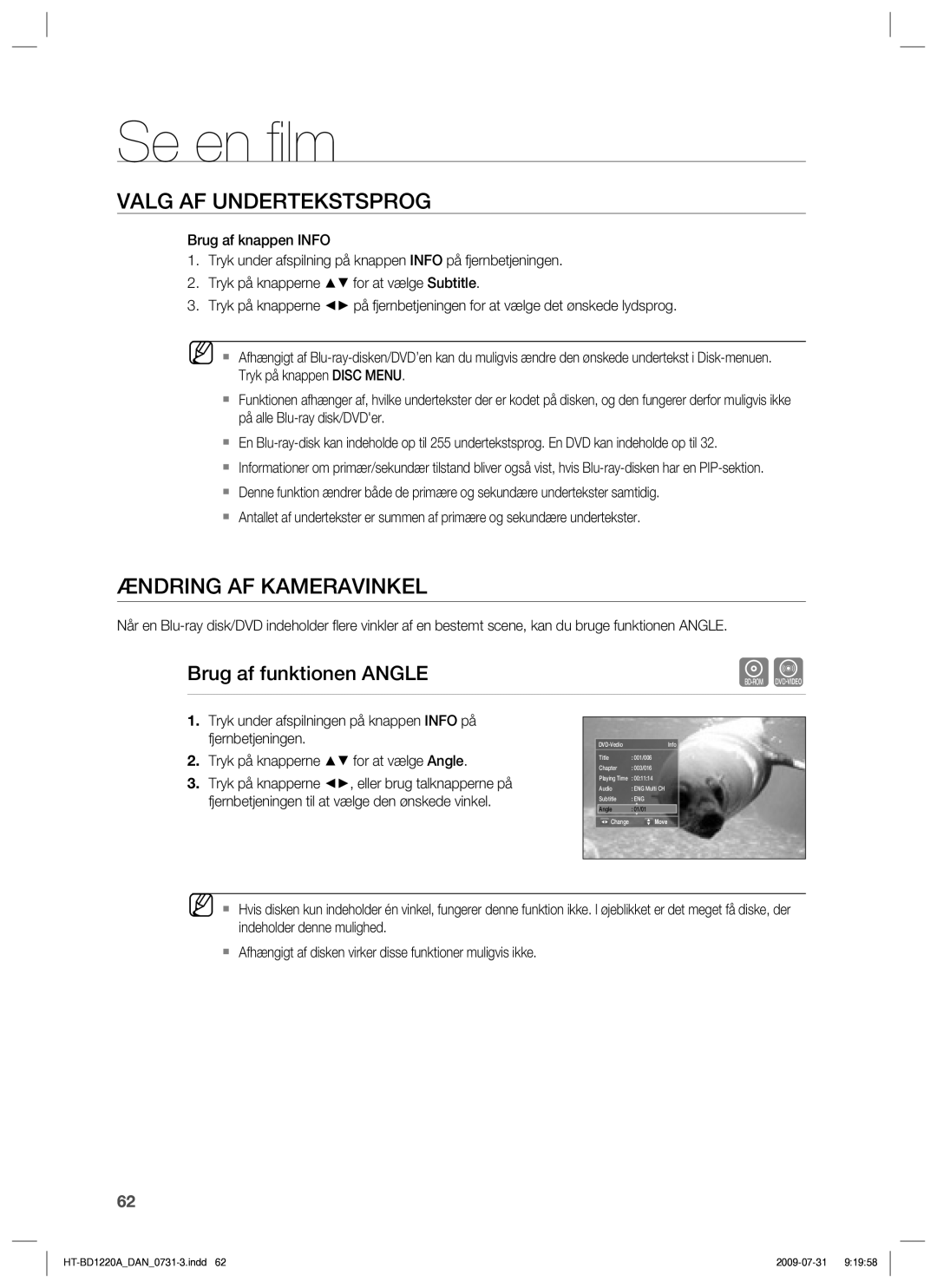 Samsung HT-BD1220R/XEE manual Ændring AF Kameravinkel, Brug af funktionen Angle, Move 