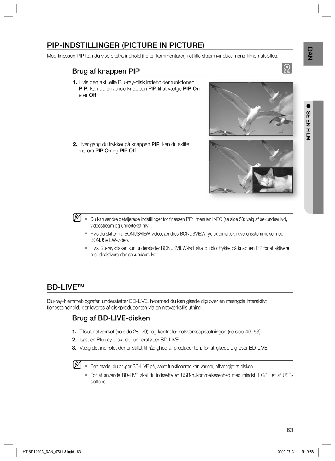 Samsung HT-BD1220R/XEE manual PIP-INDSTILLINGER Picture in Picture, Bd-Live, Brug af knappen PIP, Brug af BD-LIVE-disken 