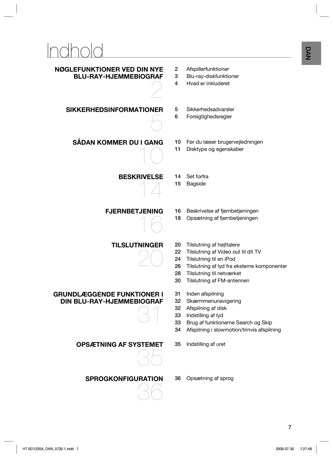 Samsung HT-BD1220R/XEE manual Indhold 