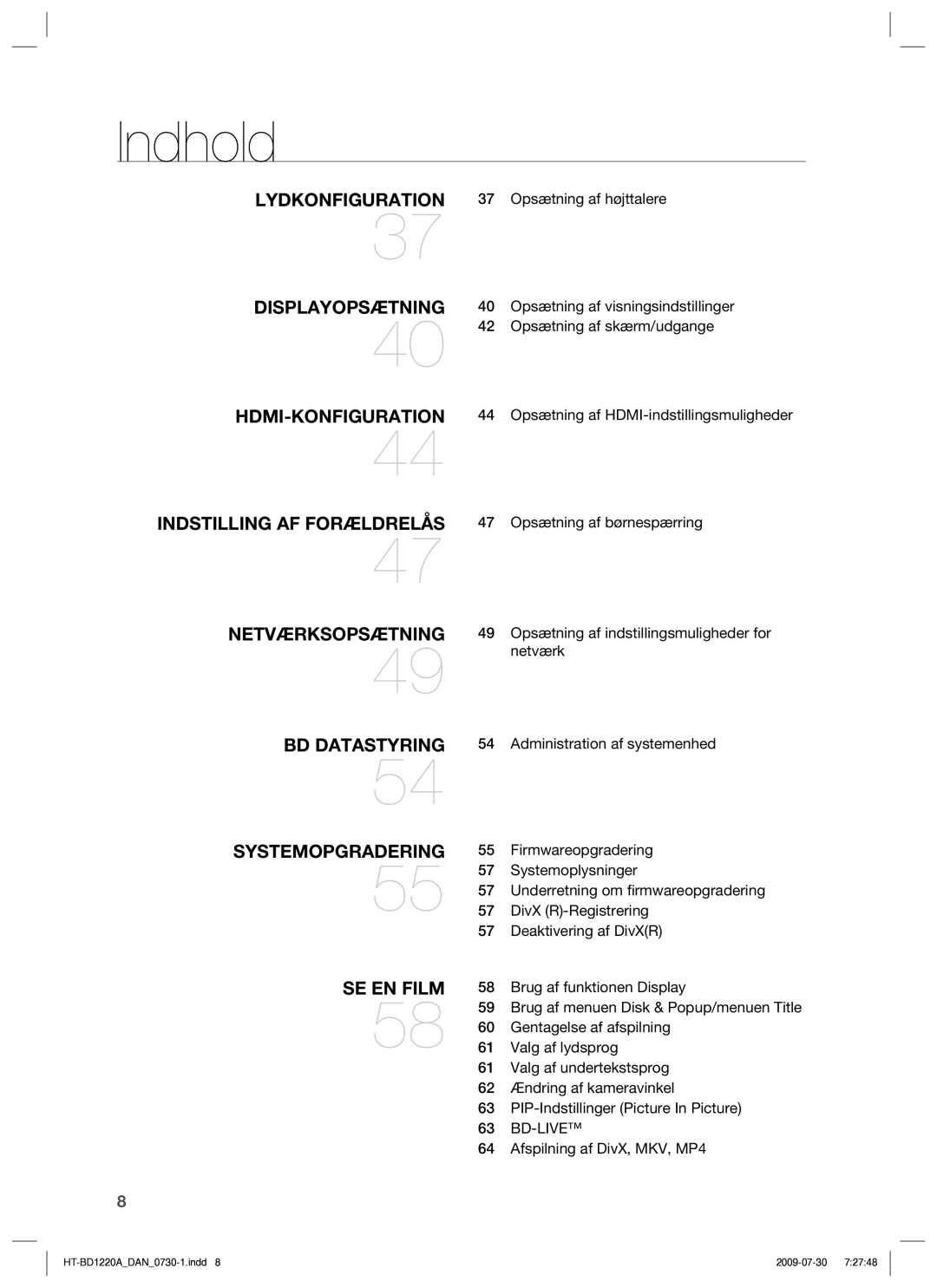 Samsung HT-BD1220R/XEE manual Lydkonfiguration 37 Opsætning af højttalere, Firmwareopgradering, Systemoplysninger 