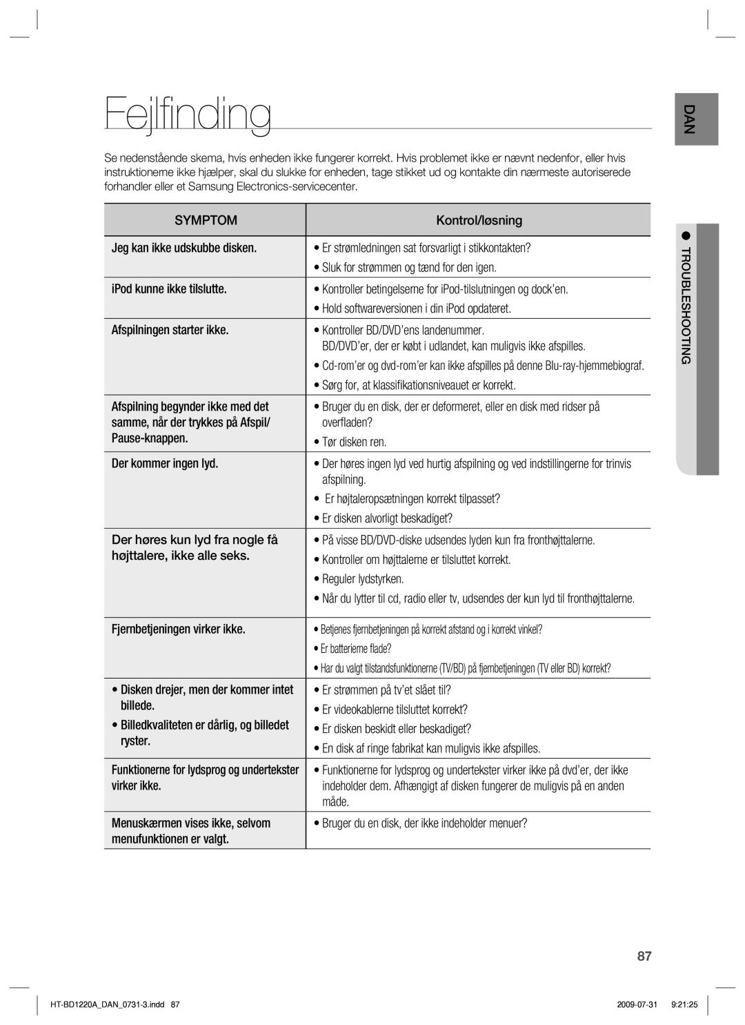 Samsung HT-BD1220R/XEE manual Fejlﬁ nding 