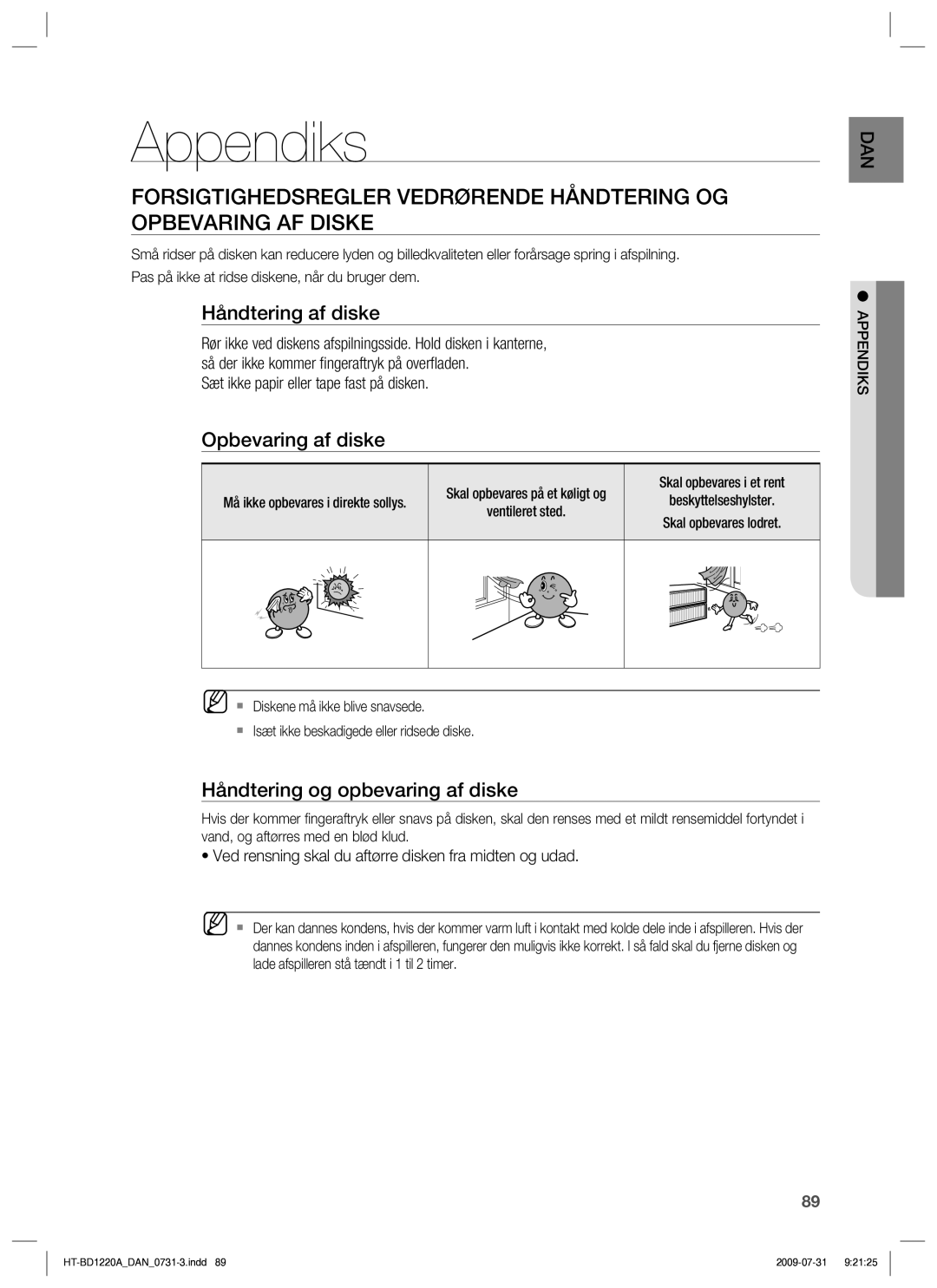 Samsung HT-BD1220R/XEE manual Appendiks, Håndtering af diske, Opbevaring af diske, Håndtering og opbevaring af diske 