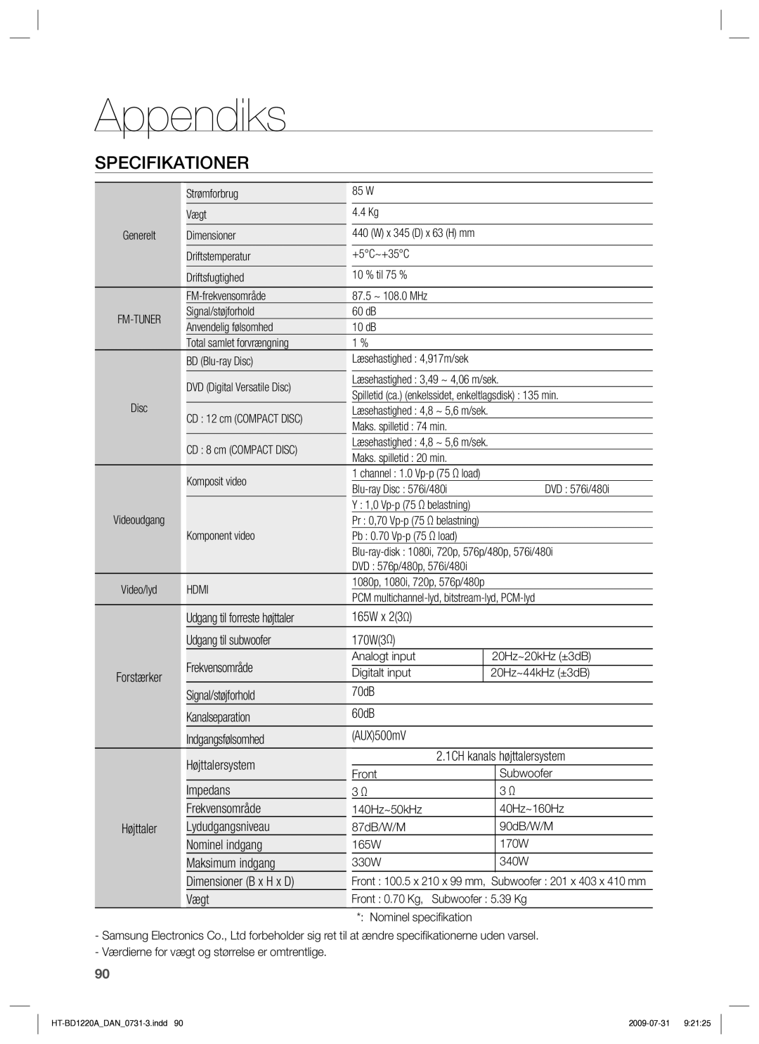 Samsung HT-BD1220R/XEE manual Specifikationer 