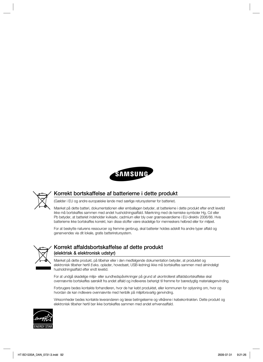 Samsung HT-BD1220R/XEE Korrekt bortskaffelse af batterierne i dette produkt, Korrekt affaldsbortskaffelse af dette produkt 