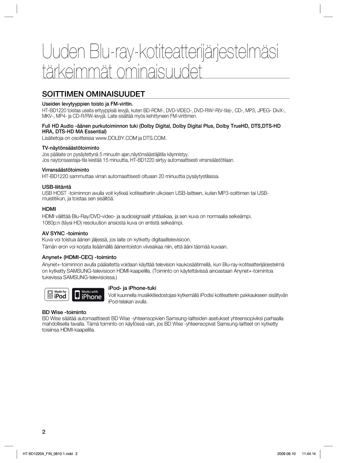 Samsung HT-BD1220R/XEE manual Soittimen Ominaisuudet, Hdmi 