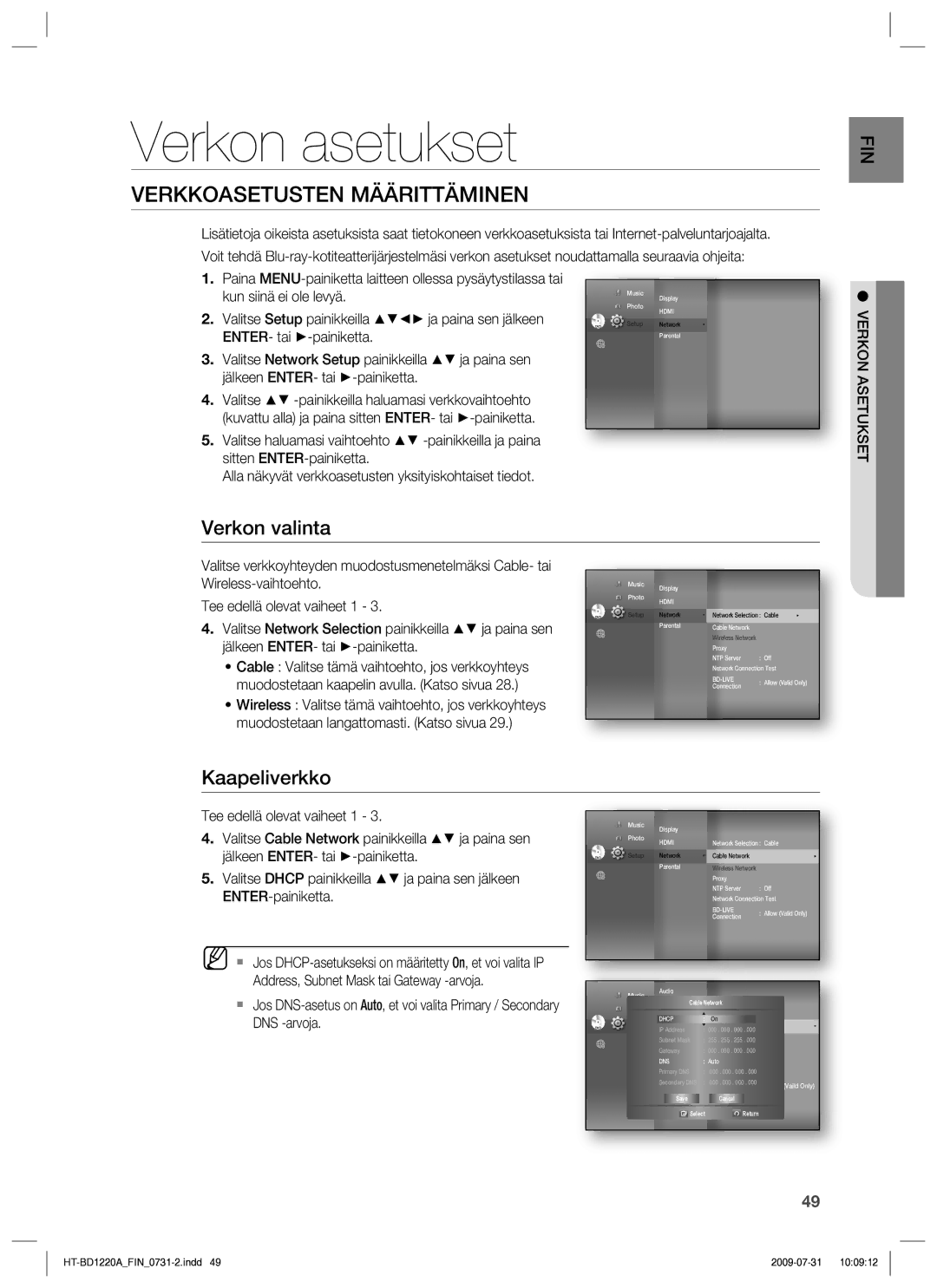 Samsung HT-BD1220R/XEE Verkon asetukset, Verkkoasetusten Määrittäminen, Verkon valinta, Kaapeliverkko, Verkon Asetukset 