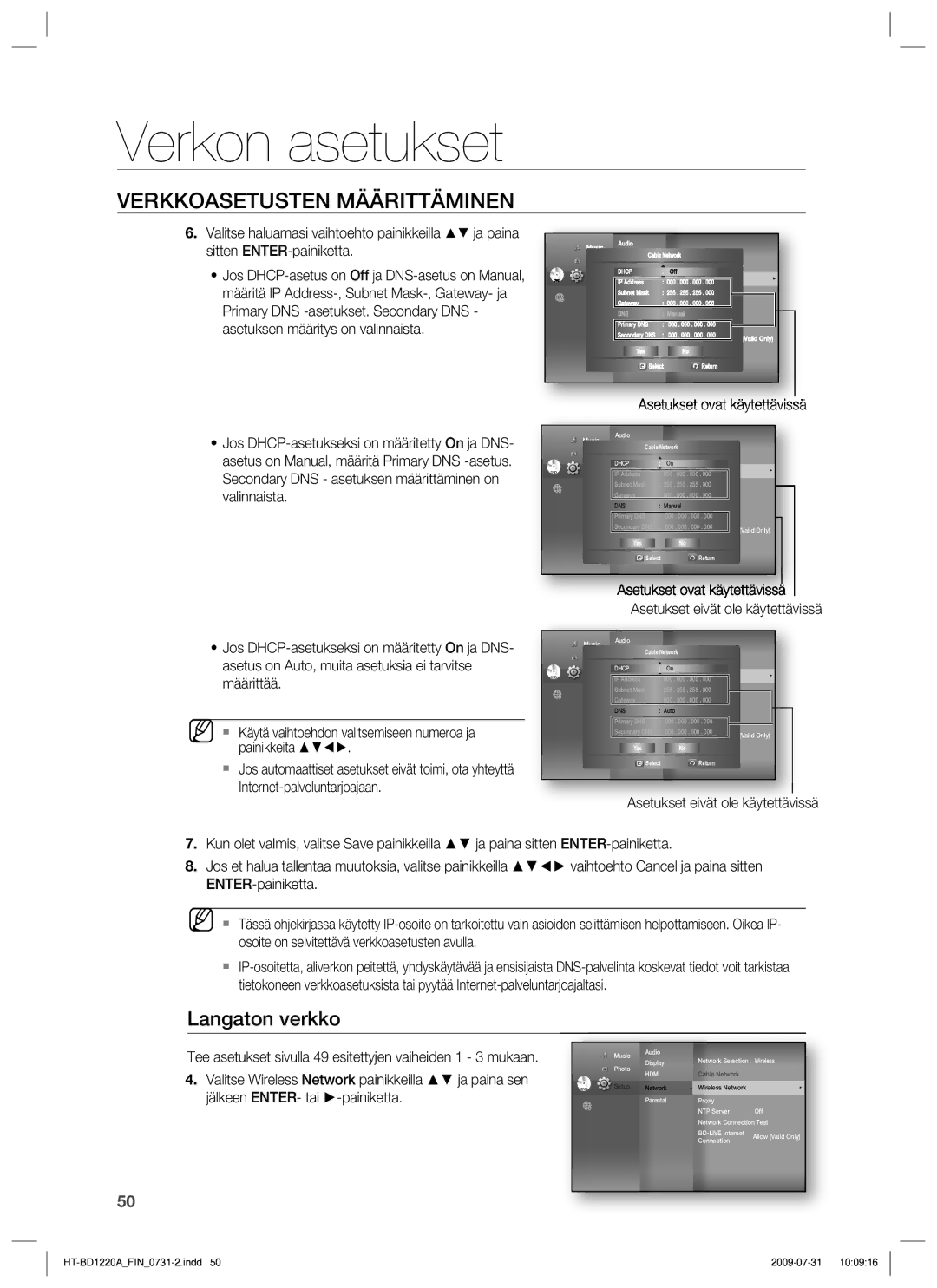 Samsung HT-BD1220R/XEE manual Langaton verkko, Yes Select Return 