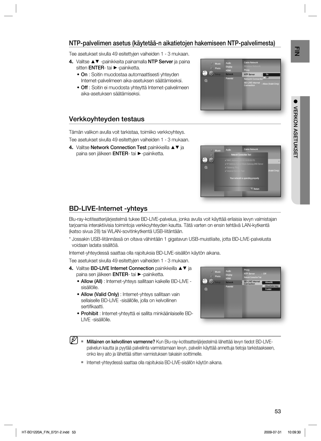 Samsung HT-BD1220R/XEE manual Verkkoyhteyden testaus, BD-LIVE-Internet -yhteys, Verkon, Asetukset 