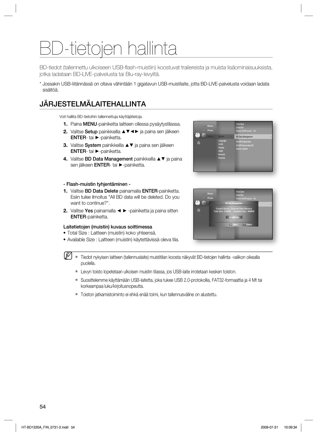 Samsung HT-BD1220R/XEE manual BD-tietojen hallinta, Järjestelmälaitehallinta, BD Data Management, Select Return 