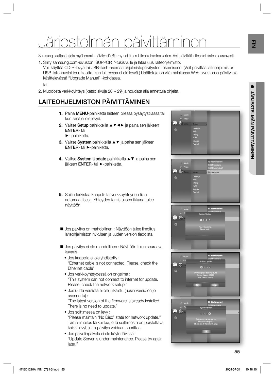 Samsung HT-BD1220R/XEE Järjestelmän päivittäminen, Laiteohjelmiston Päivittäminen, ENTER- tai, Järjestelmän Päivittäminen 