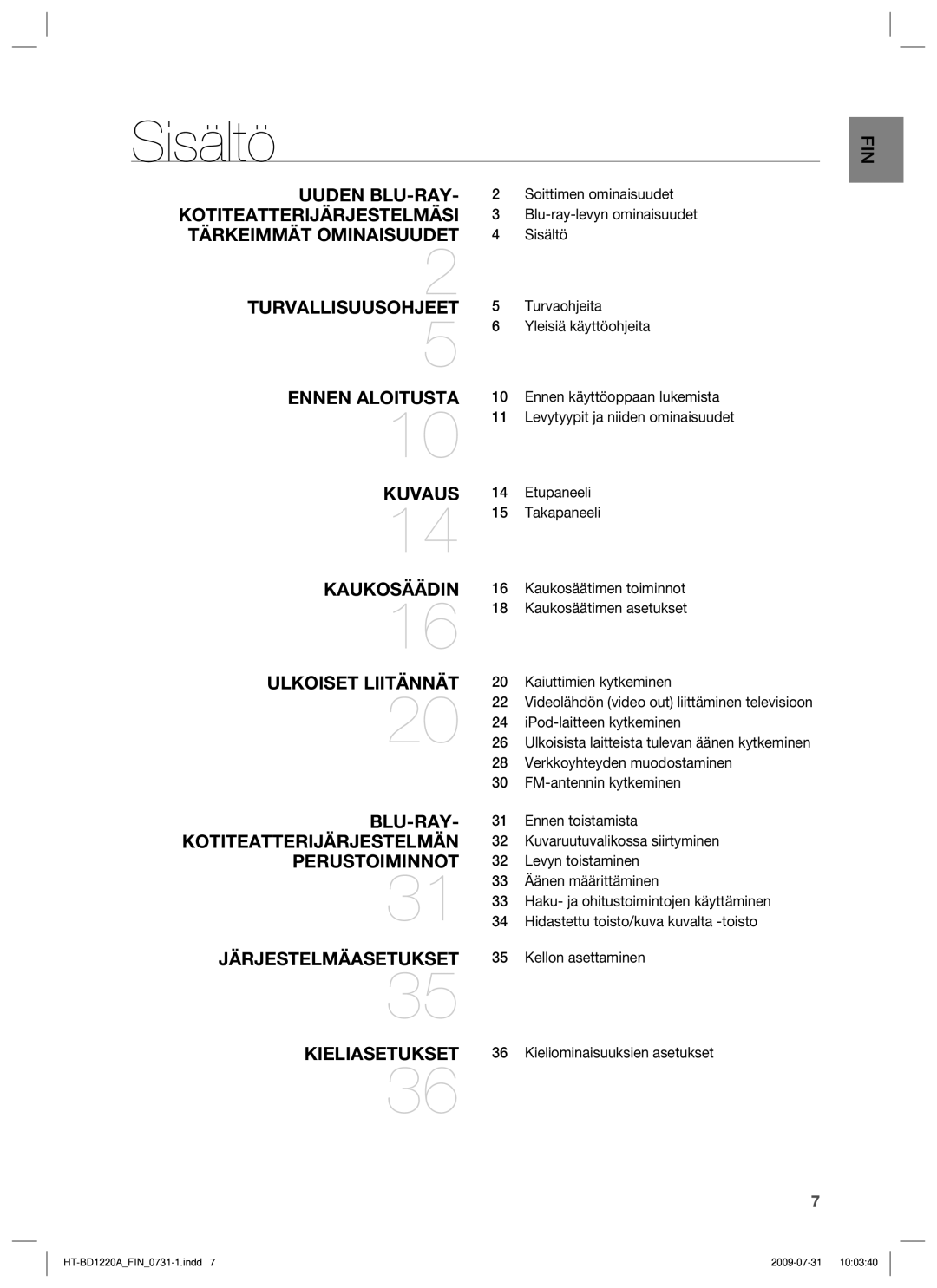 Samsung HT-BD1220R/XEE manual Sisältö 