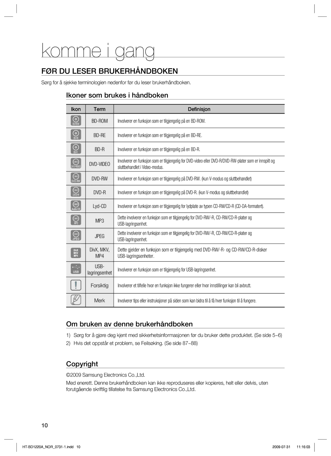 Samsung HT-BD1220R/XEE manual Komme i gang, FØR DU Leser Brukerhåndboken, Ikoner som brukes i håndboken, Copyright 